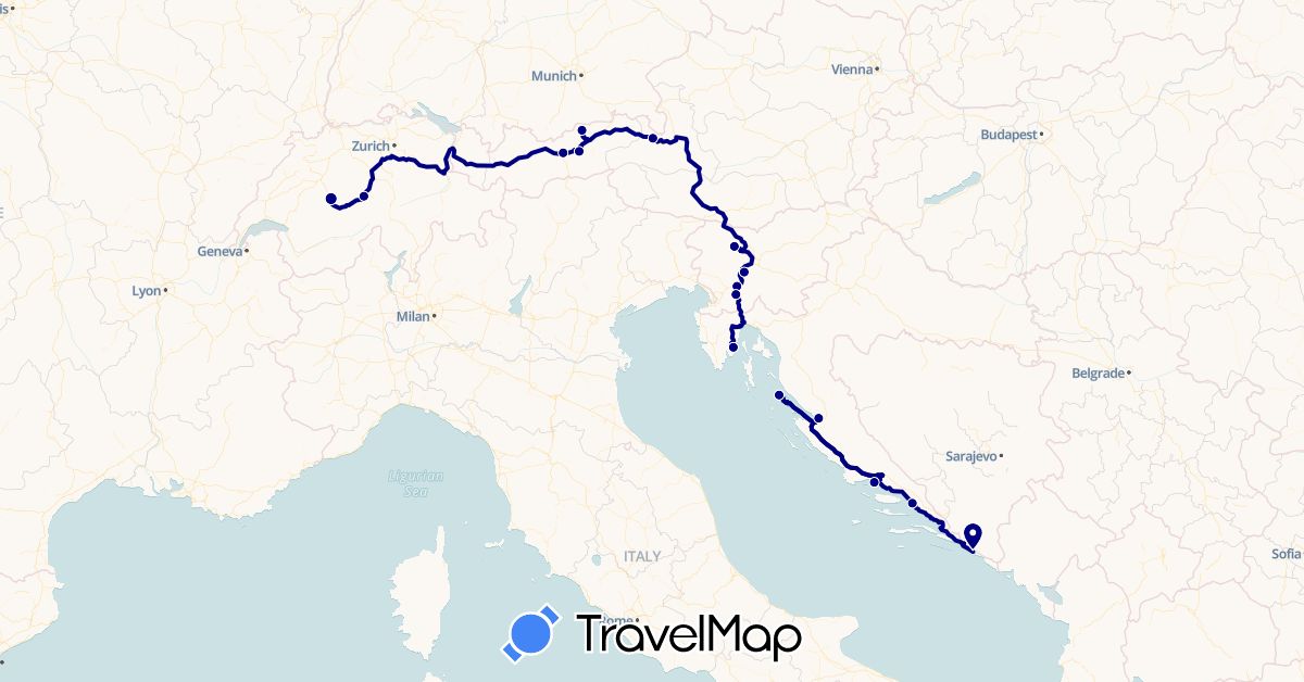 TravelMap itinerary: driving in Austria, Switzerland, Croatia, Slovenia (Europe)
