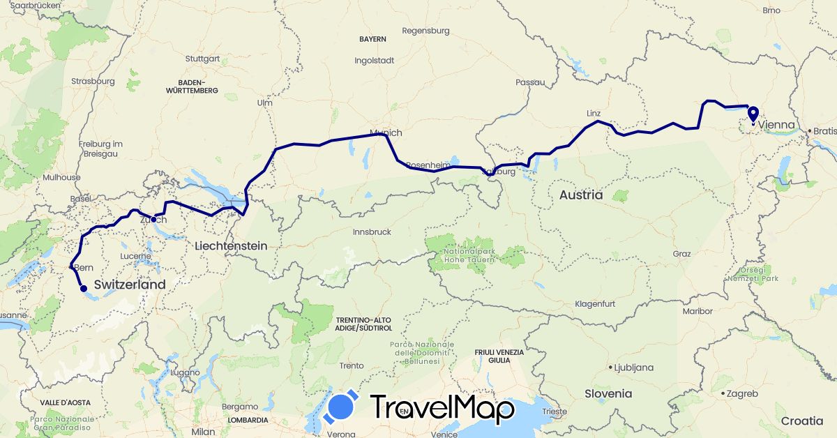 TravelMap itinerary: driving in Austria, Switzerland (Europe)